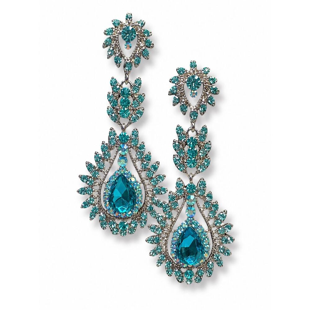 Teal Rhinestone Statement Chandelier Earrings Pageant Prom Glam